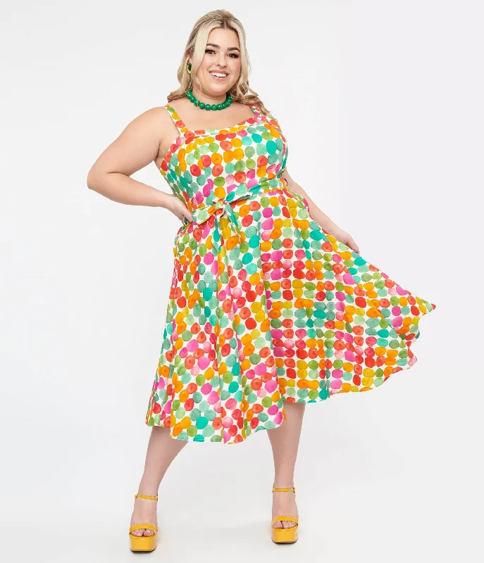 Ruffled Women Dress with Multiple Layers for a Playful and Girly StylePlus Size 1950s Rainbow Watercolor Polka Dot Lori Swing Dress