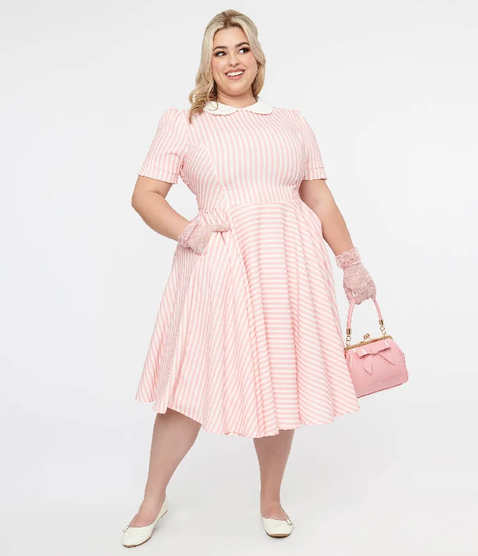 Pleated Women Dress with a Timeless and Elegant TexturePlus Size 1950s Pink & White Striped Brielle Swing Dress