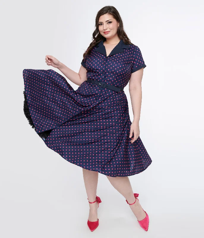 Pleated Women Dress with a Timeless and Elegant TextureUnique Vintage Plus Size Navy & Hot Pink Dot Alexis Swing Dress