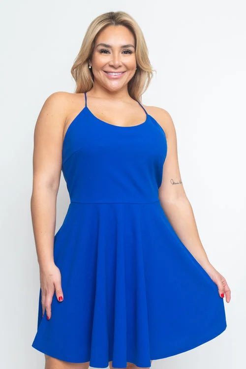 Strapless Women Dress with a Built - in Bra for Comfort and SupportPlus Size Halter Skater Mini Dress with Low Criss Cross Back and Full Lining (CD21144P)