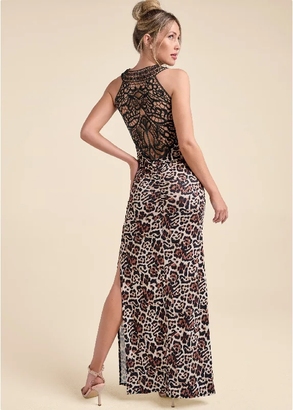 Sheath Women Dress with a Tailored Fit for a Professional LookCrochet Back Leopard Dress - Off White Multi