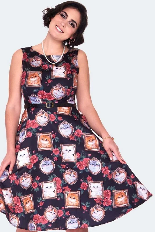 Sleeveless Women Dress in Bright Colors for Summer PartiesFramed Kitties Sleeveless Flare Dress