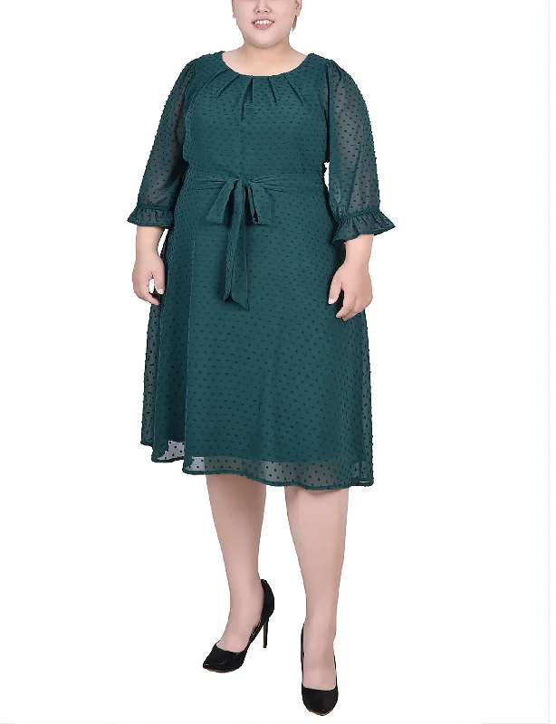 Plus Size Women Dress with a Flattering A - Line Cut for Comfort and StylePlus Size 3/4 Sleeve Belted Swiss Dot Dress