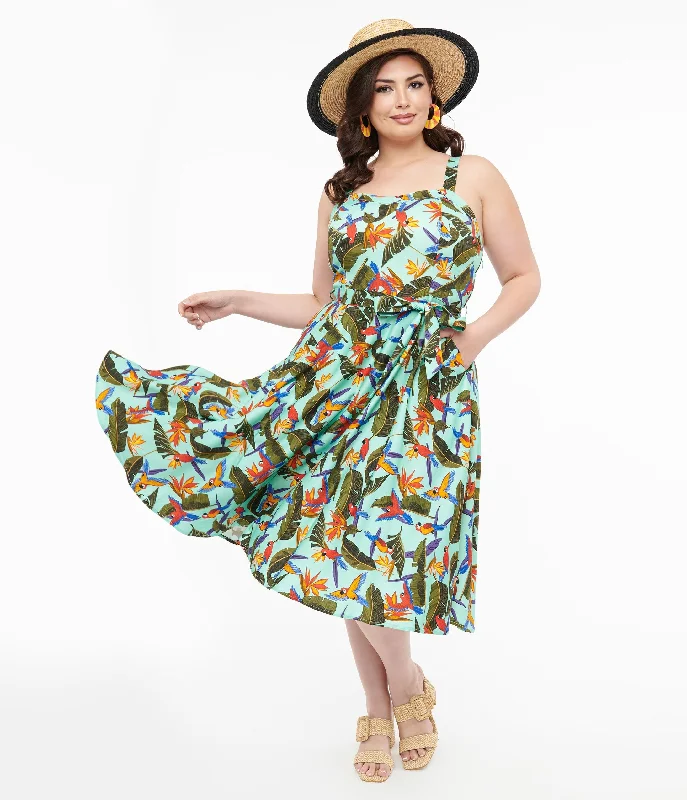 Strapless Women Dress with a Built - in Bra for Comfort and SupportPlus Size 1950s Blue & Green Tropical Parrot Print Lori Swing Dress