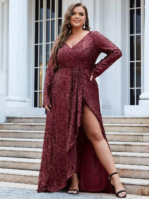 Little Black Women Dress with Sequins for a Glamorous Night OutPlus Size Sequin V-Neck Long Sleeve High Slit Bodycon Evening Dress