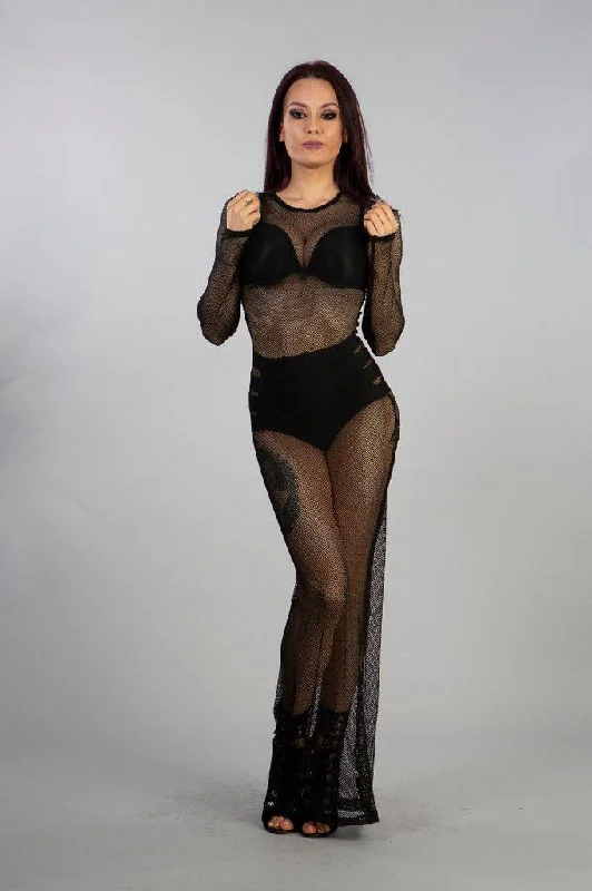 Long - Sleeve Women Dress in Velvet for a Luxurious Winter LookAdrianna Dress In Black Fishnet