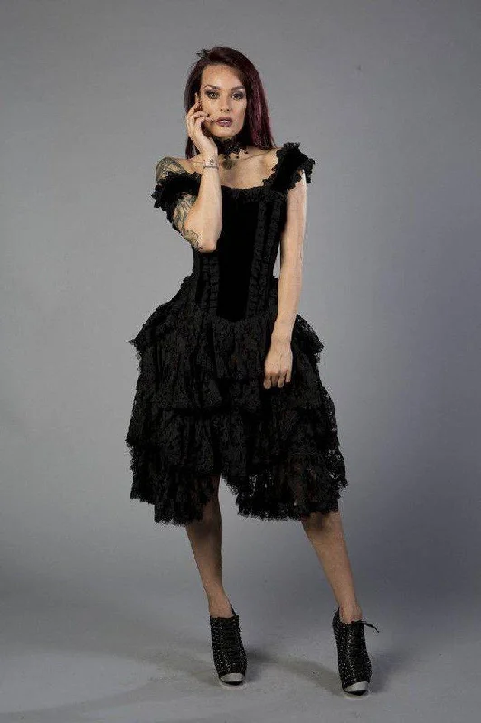 Ruffled Women Dress with Multiple Layers for a Playful and Girly StyleSophia Knee Length Burlesque Corset Dress In Black Velvet Flock