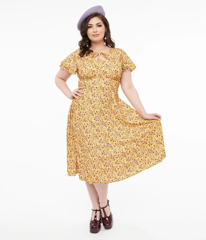 Lace - Embellished Women Dress for an Elegant and Sophisticated AppearancePlus Size 1950s Yellow & Purple Floral Capelet Swing Dress