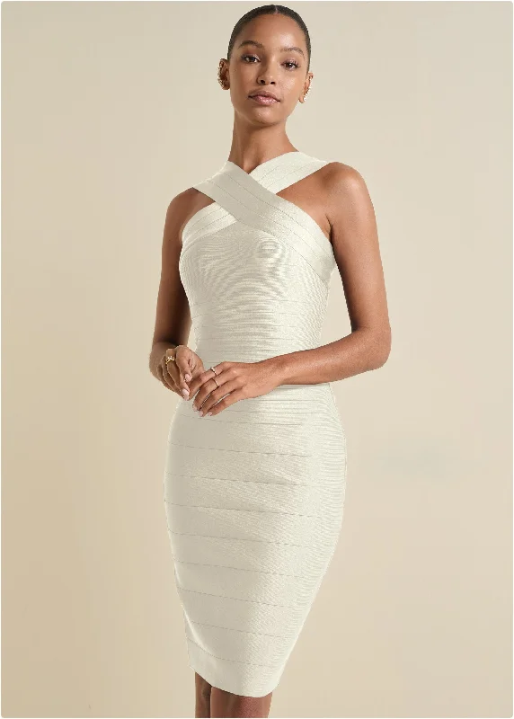 Pleated Women Dress with a Timeless and Elegant TextureCross-Neck Bandage Dress - White