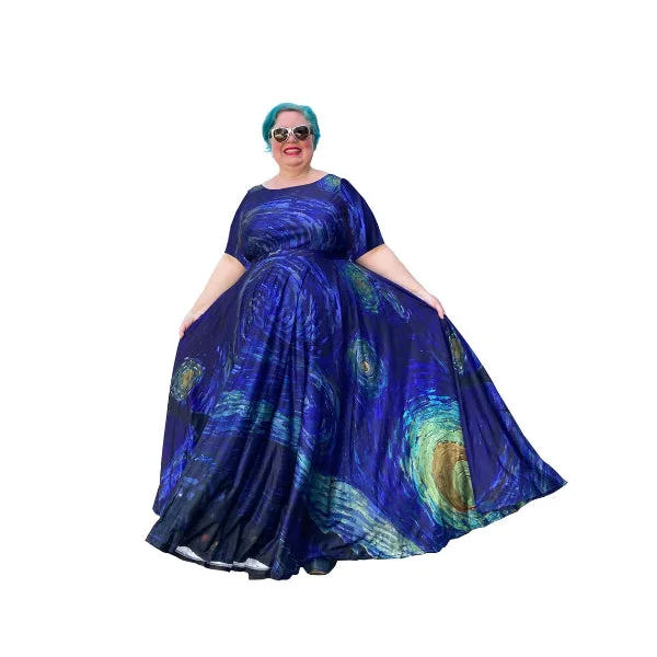 Off - the - Shoulder Women Dress for a Romantic and Feminine LookArt Series: Starry Night Maxi Dress Plus Size with Fitted Bodice, Sleeves and Voluminous Circle Skirt