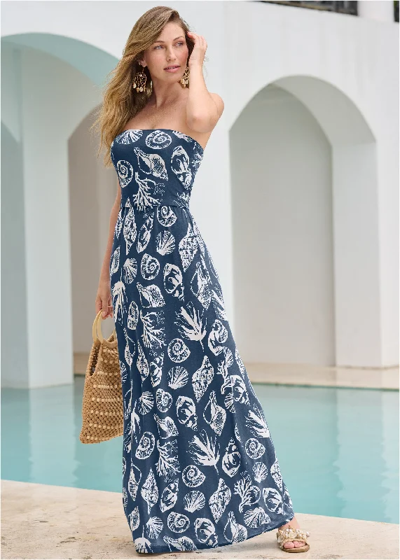 Pleated Women Dress with a Timeless and Elegant TextureConvertible Maxi Dress - Navy Multi