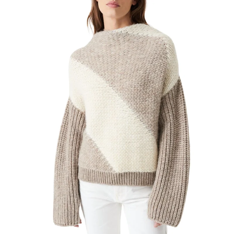 Cropped Women Sweater to Pair with High - Waisted BottomsArzel Two-Tone Round-Neck Sweater In Taupe/ecru