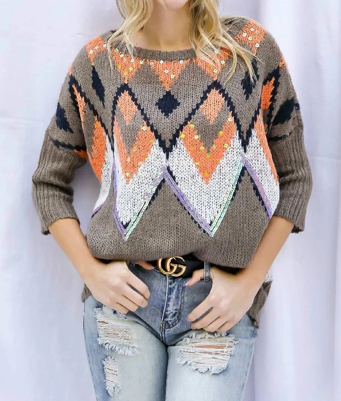 Long - Sleeve Women Sweater with Ribbed CuffsAztec Sequin Sweater In Brown And Orange