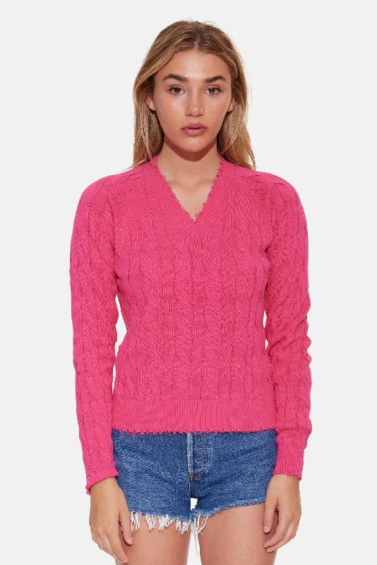 Striped Women Sweater with a Timeless PatternAmber Cable V Neck Sweater Beetroot Purple