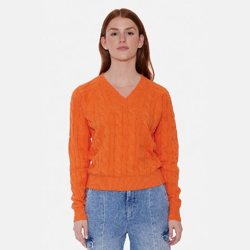 Cable - Knit Women Sweater with Intricate PatternsAmber Cable V Neck Sweater Bright Orange