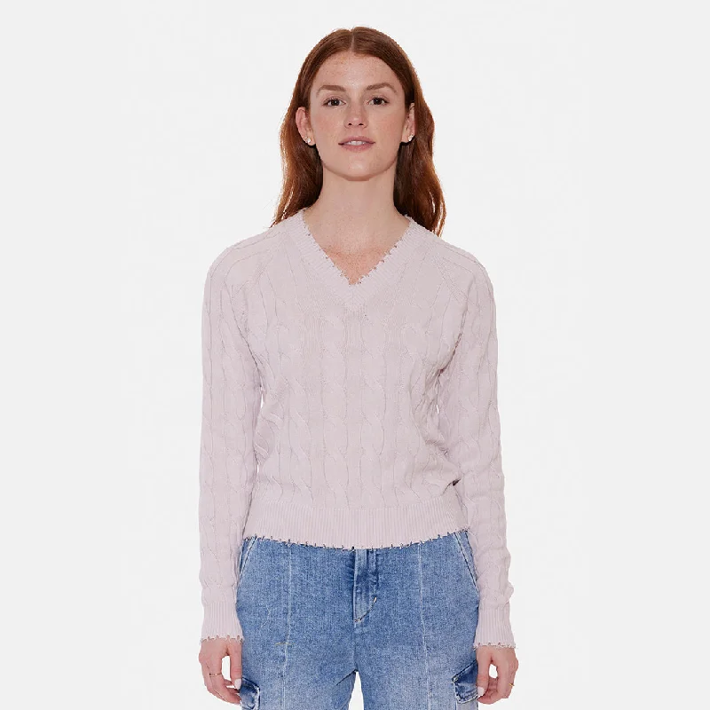 Cropped Women Sweater to Pair with High - Waisted BottomsAmber Cable V Neck Sweater Grey Lilac