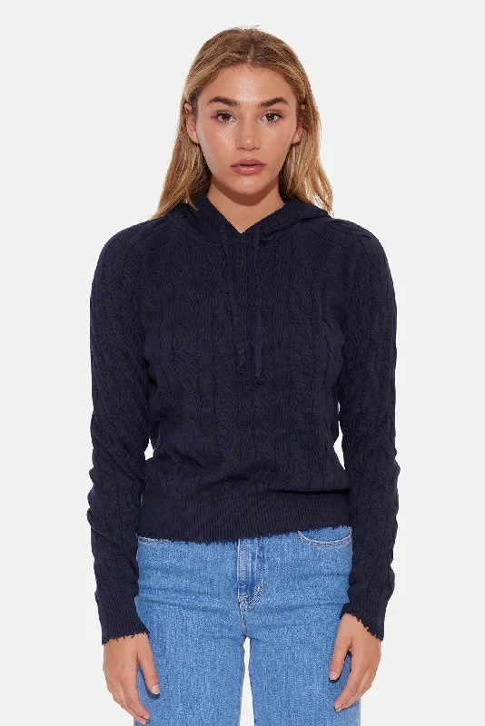 Open - Front Women Sweater for Easy LayeringClay Cable Hoodie Navy