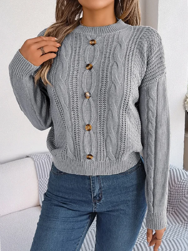 V - Neck Women Sweater to Elongate the NecklineCable-Knit Buttoned Round Neck Sweater