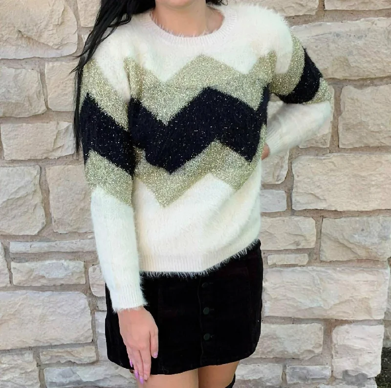 Turtleneck Women Sweater for a Classic and Elegant StyleChevron Metallic Fuzzy Sweater In Cream