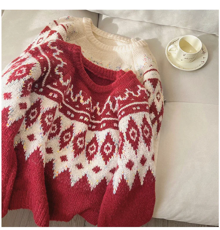 Hooded Women Sweater for Added Comfort and StyleChristmas Jacquard Sweater Women's Round Neck Knitted Top     S4847