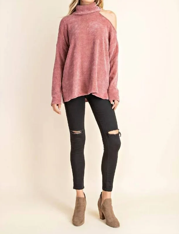 Button - Down Women Sweater for a Versatile LookCold Shoulder Turtleneck Sweater In Mauve