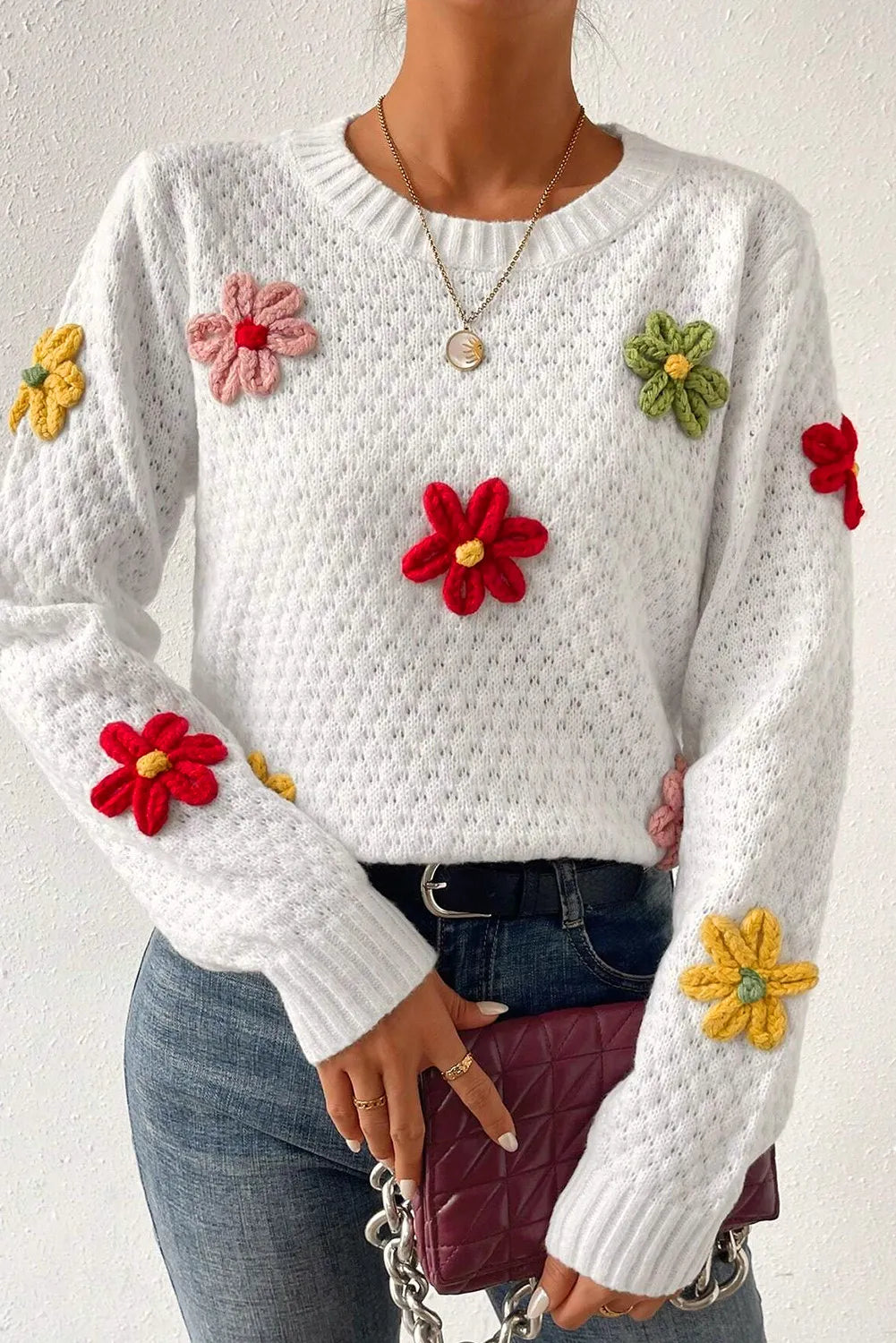 Organic Cotton Women Sweater for an Eco - Friendly ChoiceCrochet Flower Round Neck Sweater