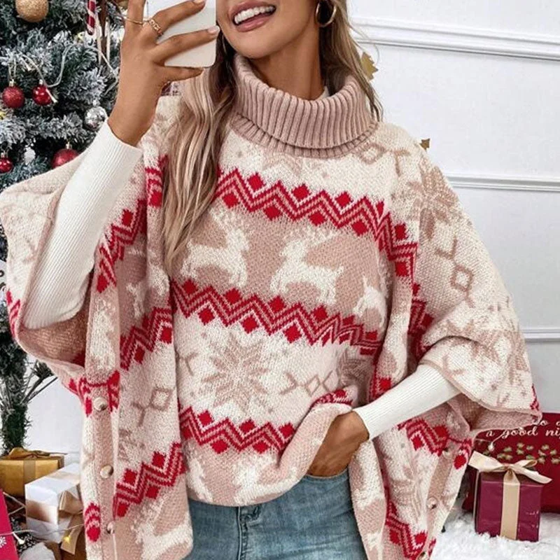 Organic Cotton Women Sweater for an Eco - Friendly ChoiceElegant Oversized Batwing Sleeve Rib Knit Turtleneck Poncho Christmas Sweater