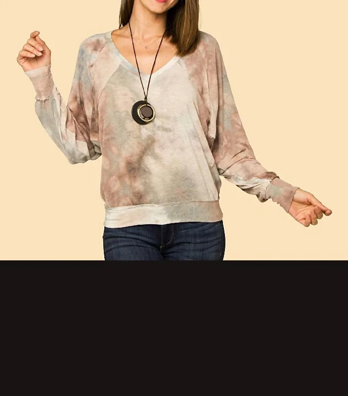 Open - Front Women Sweater for Easy LayeringFawn Tie Dye V Neck Sweater In Mauve/grey