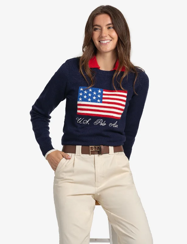 Button - Down Women Sweater for a Versatile LookFLAG CREW NECK SWEATER