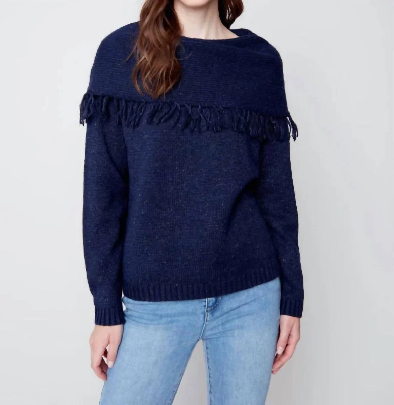 Mock - Neck Women Sweater for a Modern TwistFringed Cowl Neck Sweater In Denim