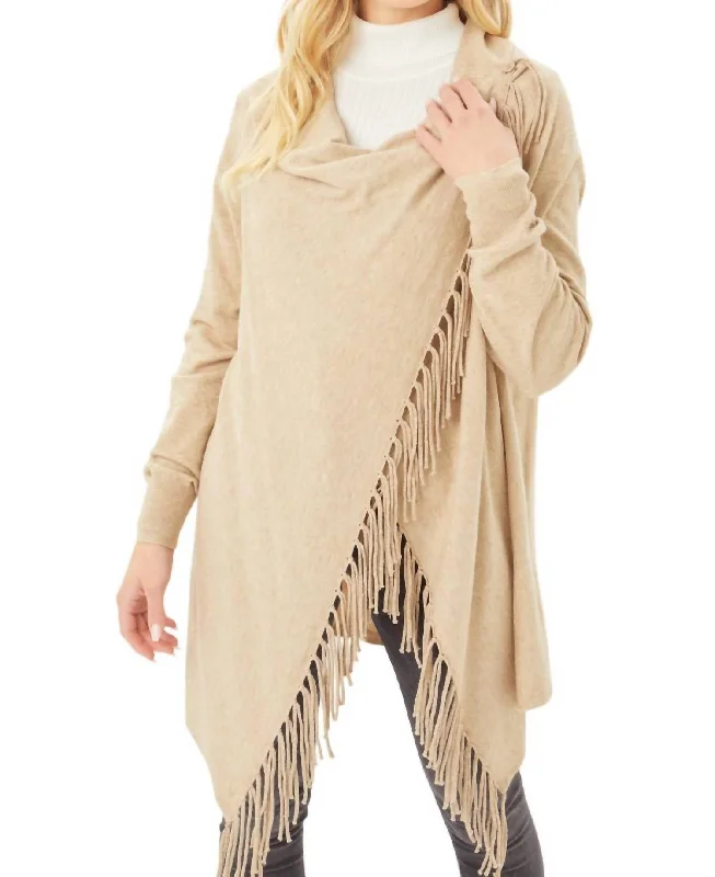 Open - Front Women Sweater for Easy LayeringFringed Wrap Top In Oatmeal