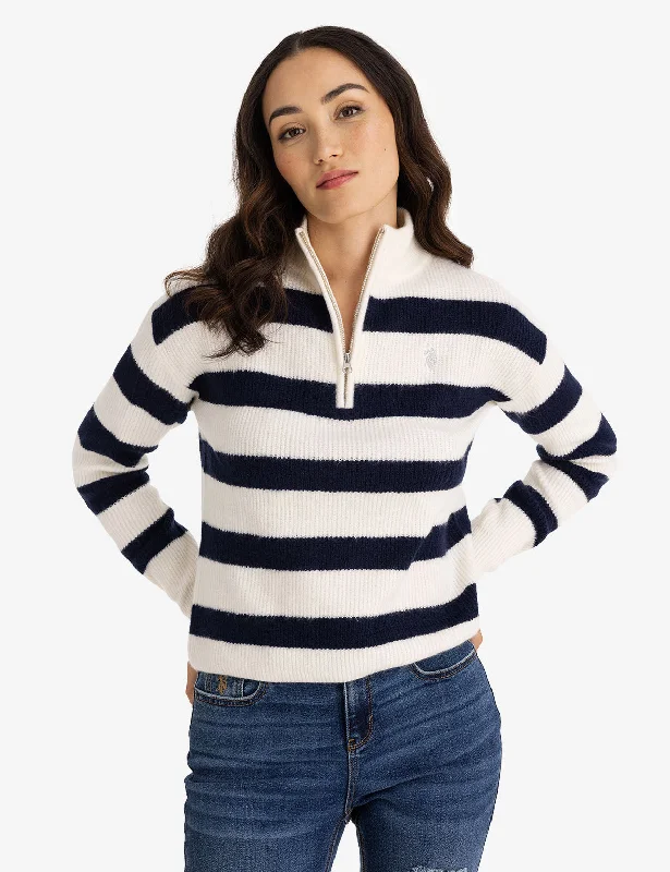 Floral Print Women Sweater for a Feminine AppealHALF ZIP MOCK NECK STRIPE SWEATER