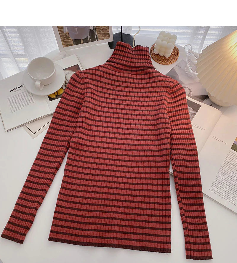 Color - Blocked Women Sweater for a Bold Fashion StatementHigh neck stripe bottomed long sleeve top popular sweater       S2526