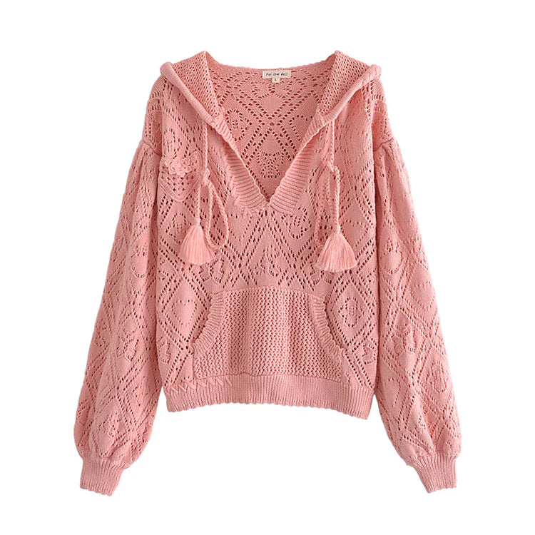 Striped Women Sweater with a Timeless PatternHollow out design short Pink Knitted Hooded Sweater       S2519