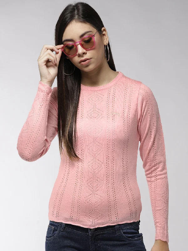 Cable - Knit Women Sweater with Intricate PatternsWomen Solid Pink Pullover