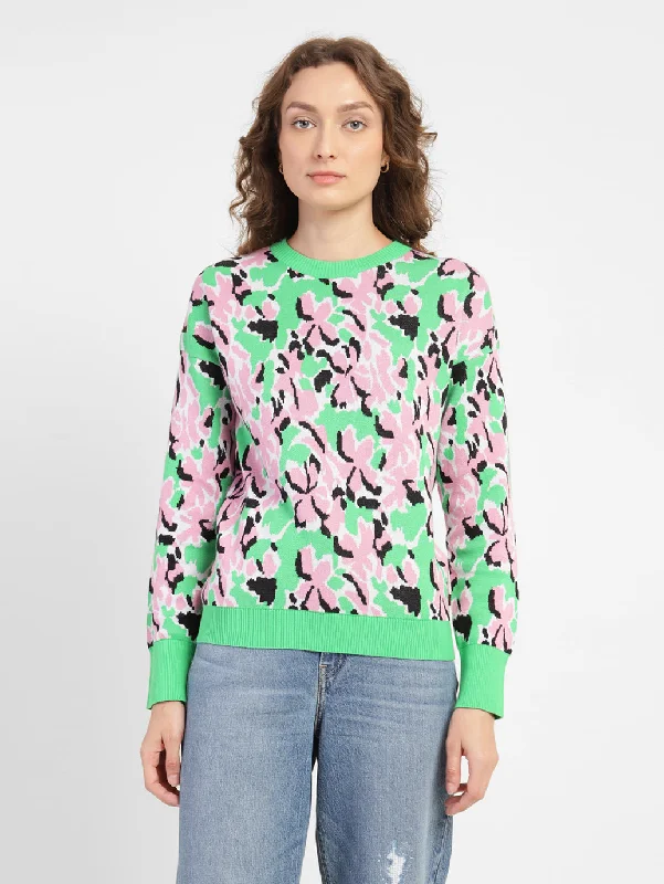 Button - Down Women Sweater for a Versatile LookWomen's Floral Print Crew Neck Sweater