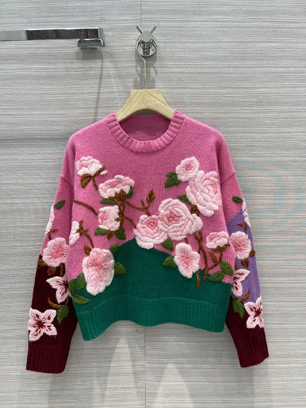 Hand - Knitted Women Sweater with Artisanal CharmLovely embroidered flowers long sleeve sweater      S2513