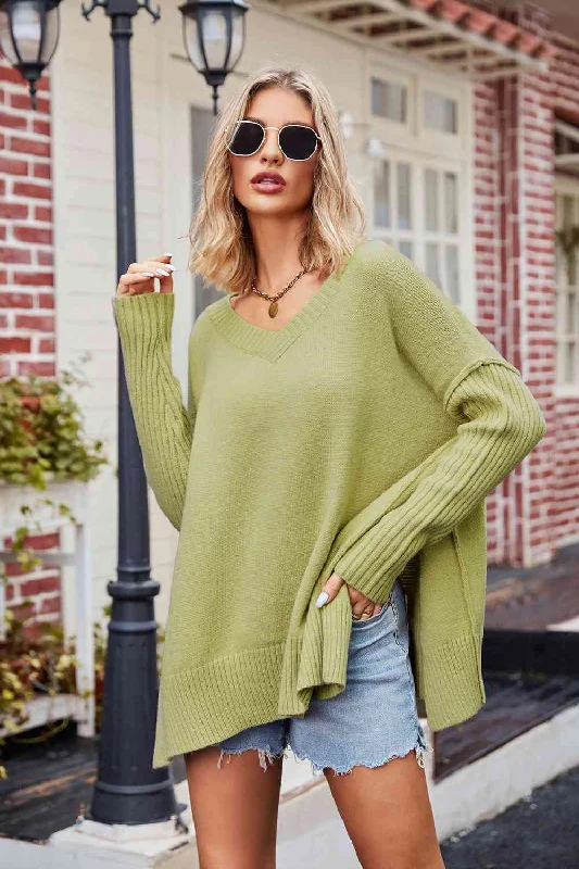 Hooded Women Sweater for Added Comfort and StyleMaren V-Neck Slit Exposed Seam Sweater