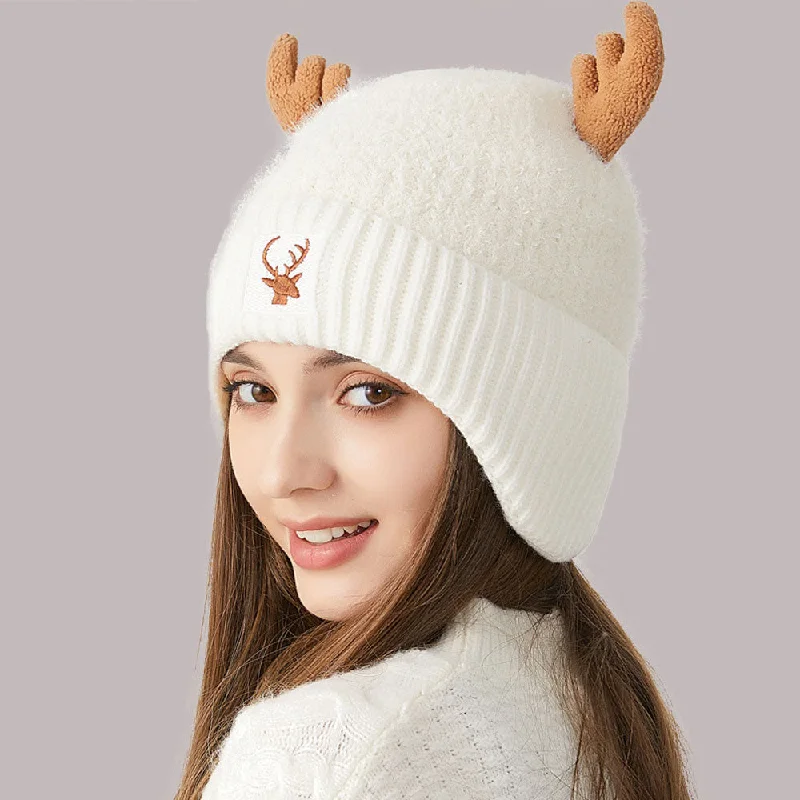 Sequin - Embellished Women Sweater for Special OccasionsMerry Christmas Embroidered Chunky Rib Knit Earflap Elk Horn Beanie