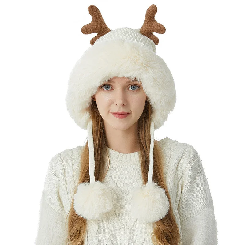 Button - Down Women Sweater for a Versatile LookMerry Christmas Winter Faux Fur Pom Pom Earflap Elk Horn Knit Beanie