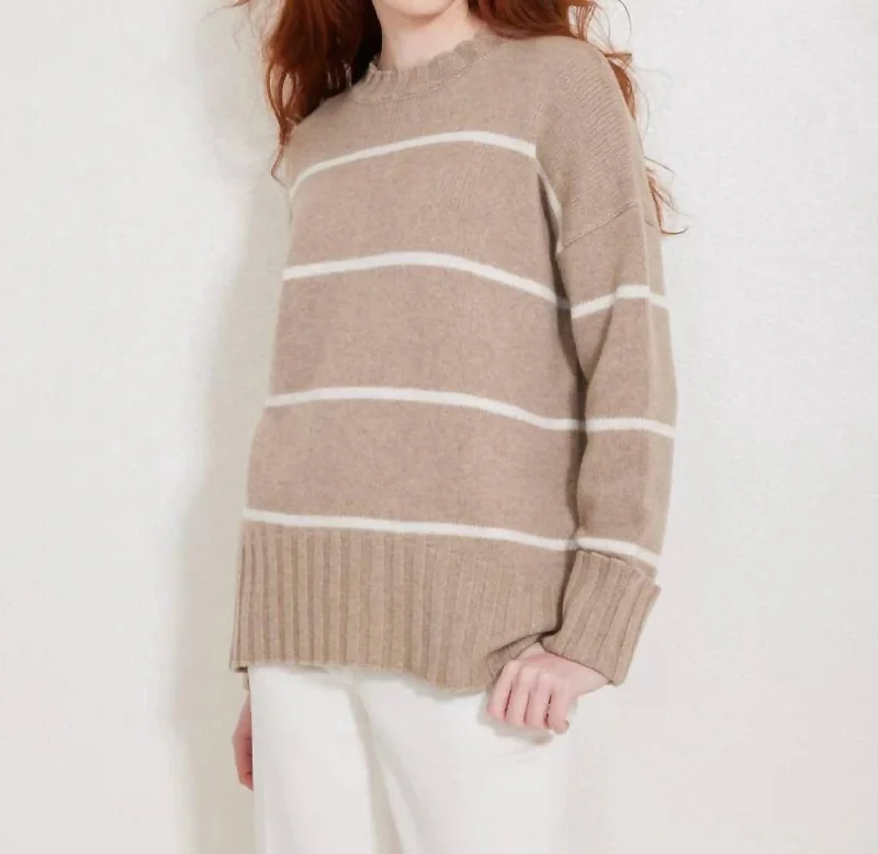 Striped Women Sweater with a Timeless PatternMila Cashmere Crewneck Sweater In Latte & Light Grey Stripe