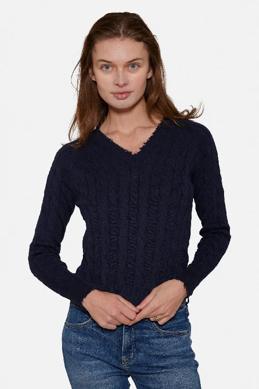 Long - Sleeve Women Sweater with Ribbed CuffsAmber Cable V Neck Sweater Navy