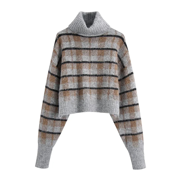 Mock - Neck Women Sweater for a Modern TwistNew lazy high neck slim plaid sweater     S2524