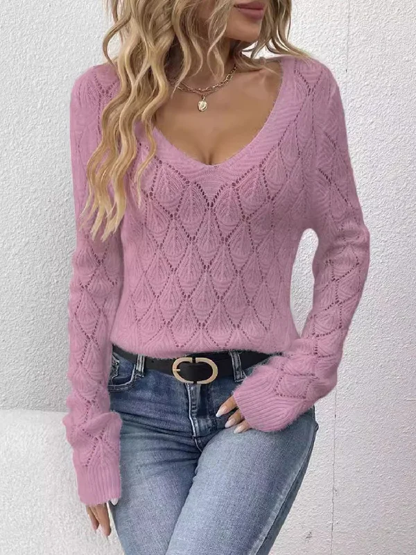 Color - Blocked Women Sweater for a Bold Fashion StatementOpenwork V-Neck Long Sleeve Sweater