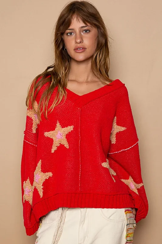 Cashmere Women Sweater with a Luxurious Soft TouchPOL Long Sleeve Star Patch Sweater