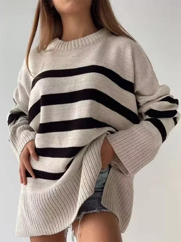 Cable - Knit Women Sweater with Intricate PatternsSlit Striped Round Neck Sweater