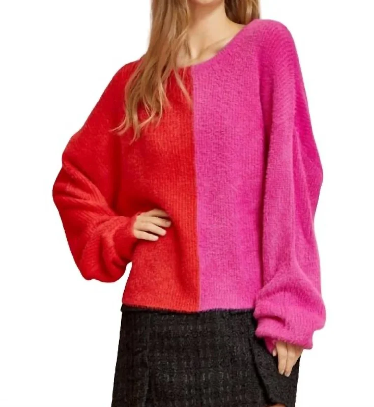 Cashmere Women Sweater with a Luxurious Soft TouchSplit Color Sweater In Red And Pink