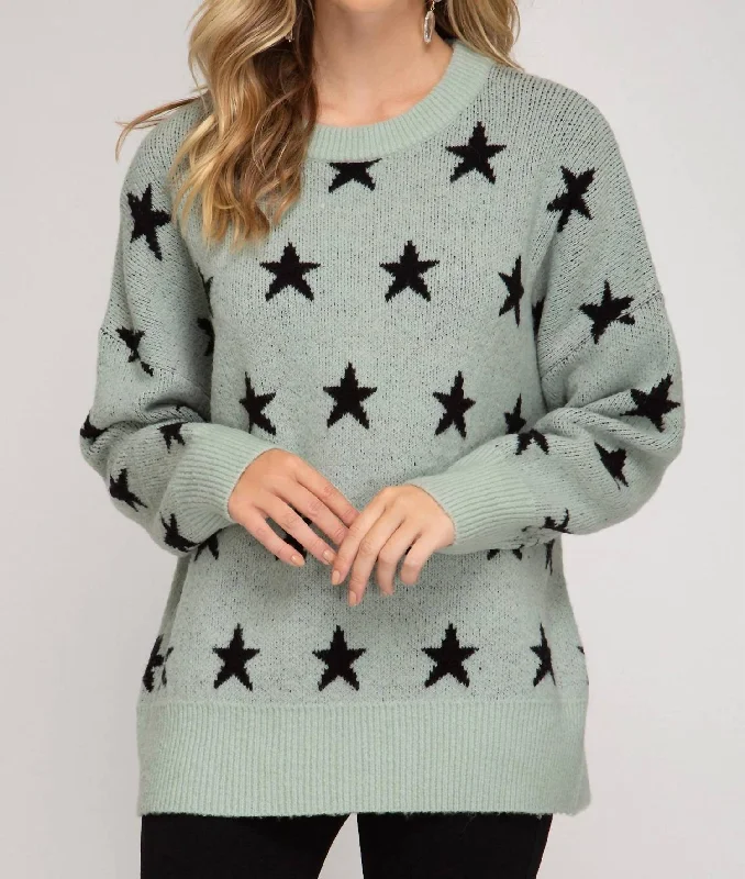 Oversized Women Sweater for a Cozy and Fashionable LookStar Print Slate Tunic Sweater In Green