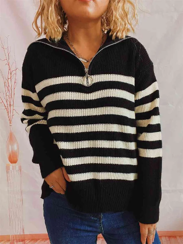 Long - Sleeve Women Sweater with Ribbed CuffsPaolo Striped Half Zip Collared Sweater