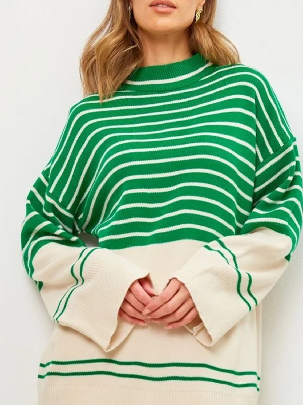 Open - Front Women Sweater for Easy LayeringStriped Mock Neck Long Sleeve Sweater